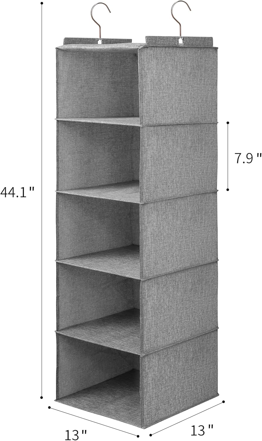 Large Hanging Sweater Organizer for Closet,Collapsible 6-Shelf Hanging Closet Shelves with Drawers, Washable (Grey-5 Shelf-2 d)