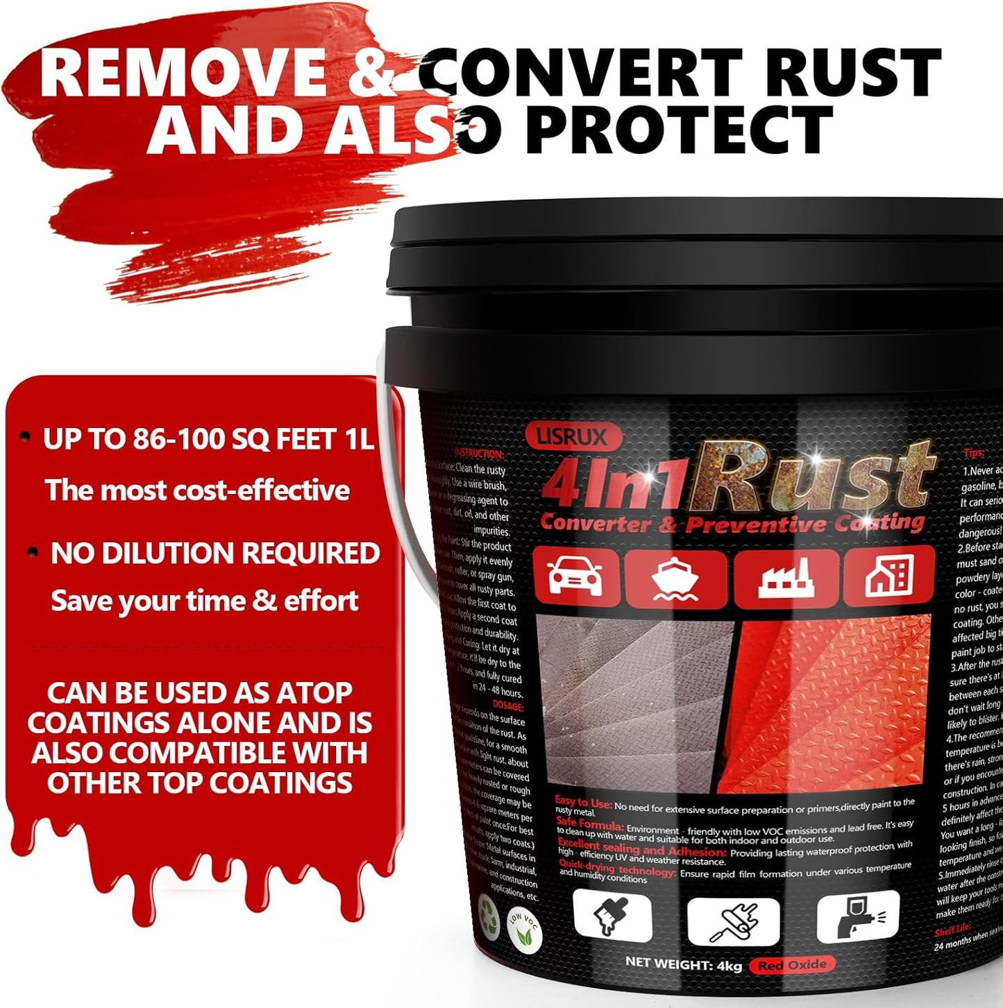 4-in-1 Rust Converter & Metal Primer, 141 Fl OZ Red Rust Inhibitor Paint for Metal, Remove & Convert Rust And Also Protect, Industrial Grade Water Based Rust Reformer, Heat Resistance & UV Resistant