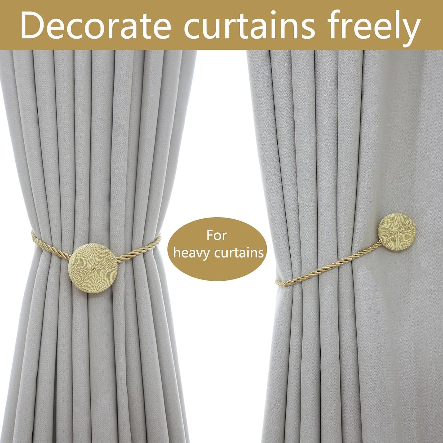 Magnetic Curtain Tiebacks - 12mm Magnetic Tie Backs for Curtains, Heavy Duty No Drill Curtain Holdbacks for Home/Office Windows Drapes, Elegant Gift-Ready Design 7 Colors (4, Gold)