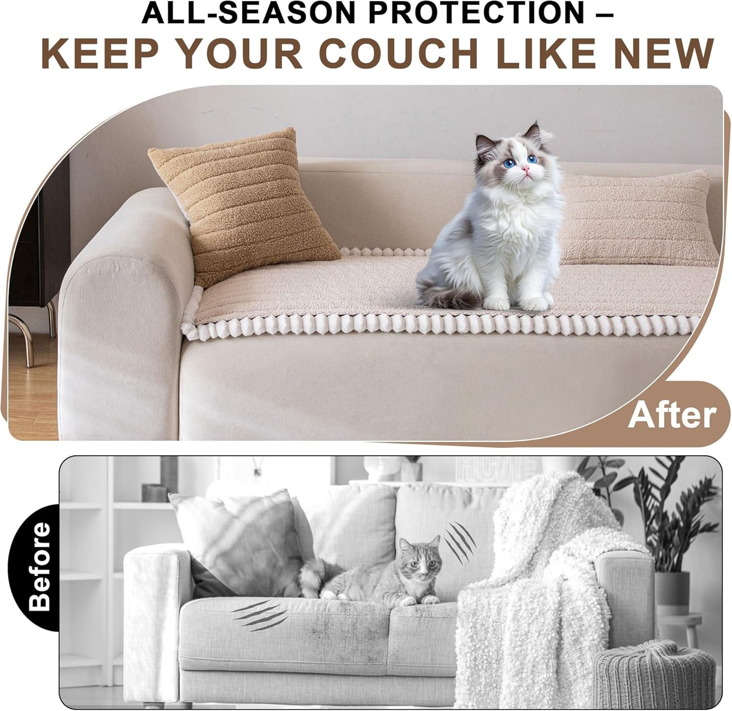 OTOB Sofa Covers for 3 Cushion Couch Washable, All Seasons Fuzzy Non Slip Kids & Pet Friendly Dog Bed Mats Couch Cover, Soft Plush Sofa Slipcovers Furniture Protector (Beige, 27.6" x 70.9'')