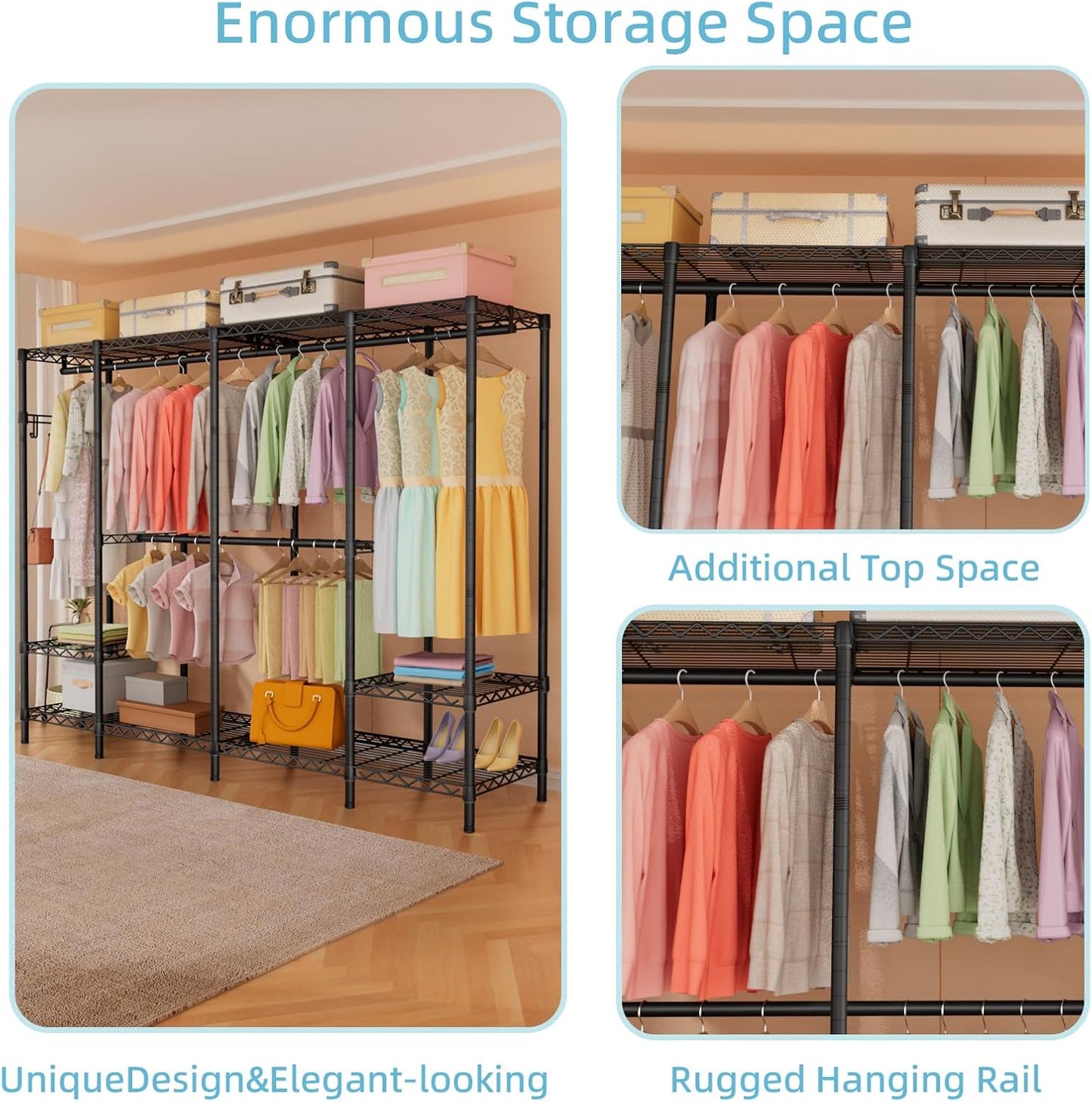 Extra Large Garment Rack Heavy Duty Metal Clothes Rack for Hanging Clothes,Multi-Functional Closet Organizer System Bedroom Clothing Rack Freestanding Closet Portable Wardrobe,MaxLoad 1000lbs