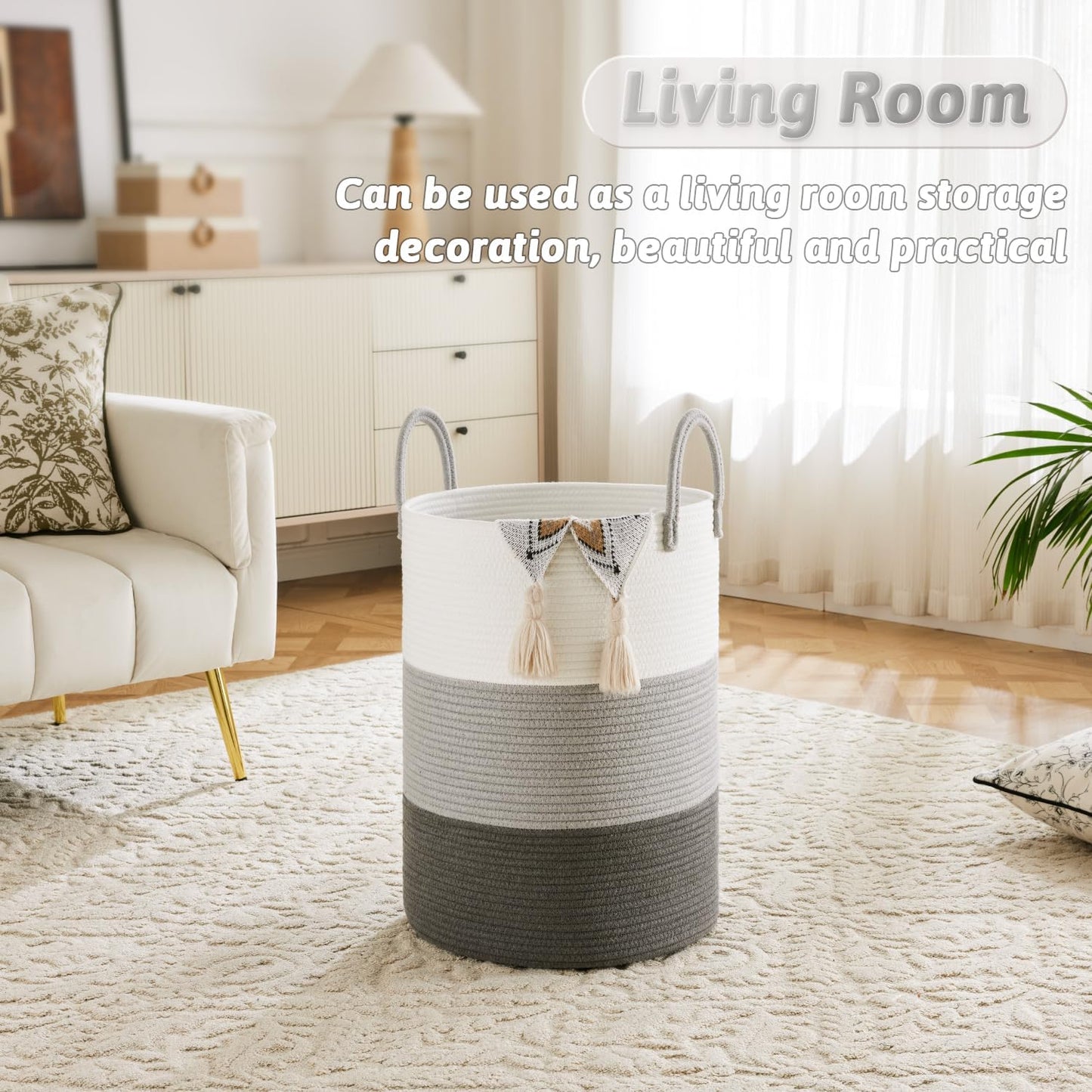 Laundry Basket,Woven Cotton Rope Laundry Hamper,40L for Decorative Storage of Dirty Clothes,Toys and Blankets in Bathroom,Bedroom and Living Room