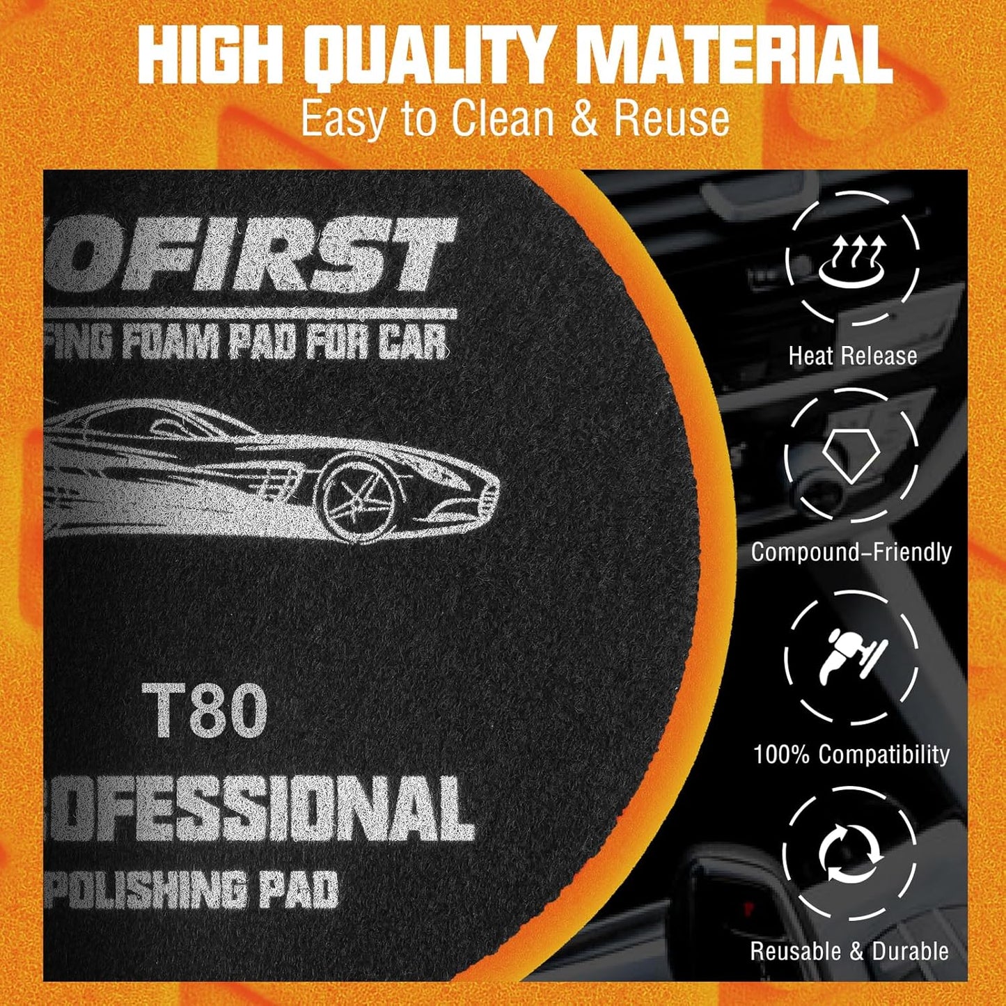 6 Inch Buffing Pads - 3Pcs Orange Buffing Pads - 6.5 Inch Face for 6 Inch 150mm Backing Plate - High-Density Buffing Sponge Pads for Car Buffer Polisher Compounding, Polishing & Waxing