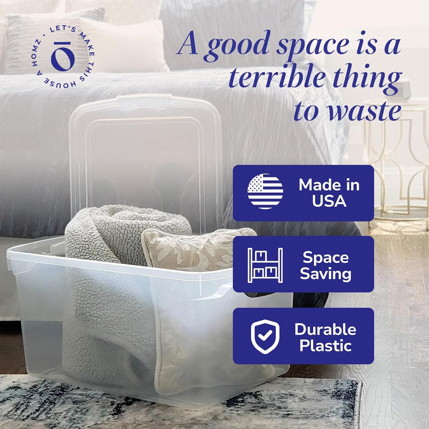 HOMZ 2-Pack Latching Lid, Large Clear Plastic Storage Bins with Lids, 66 Quart, Gray Latch - Stackable Container Boxes for Home, Bathroom, and Office Organization