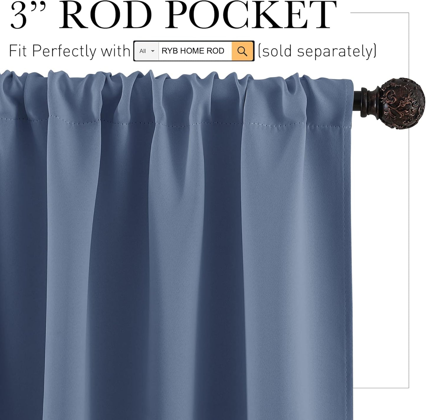 RYB HOM Blackout Curtain Valance - Room Darkening Half Window Treatment Solid Elegant Privacy Home Decor for Kitchen Bedroom Bathroom, 29 inches Wide x 24 inches Long, Stone Blue, 1 Pair