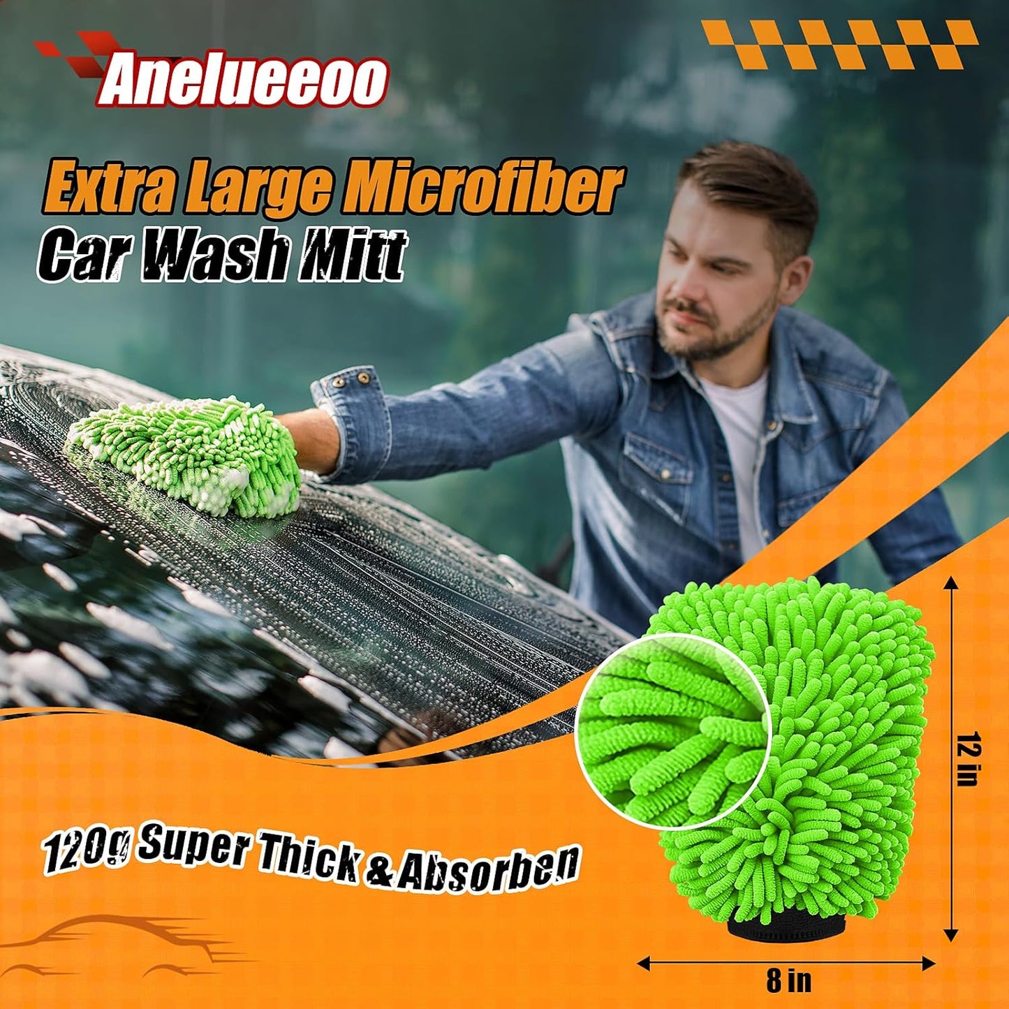 Car Wash Mitt Microfiber, Premium Chenille Microfiber Wash Car Mitts Sponge Scratch Free & Lint-Free, Mitts Waterproof Lining 4 Pack Green (8''X12'')