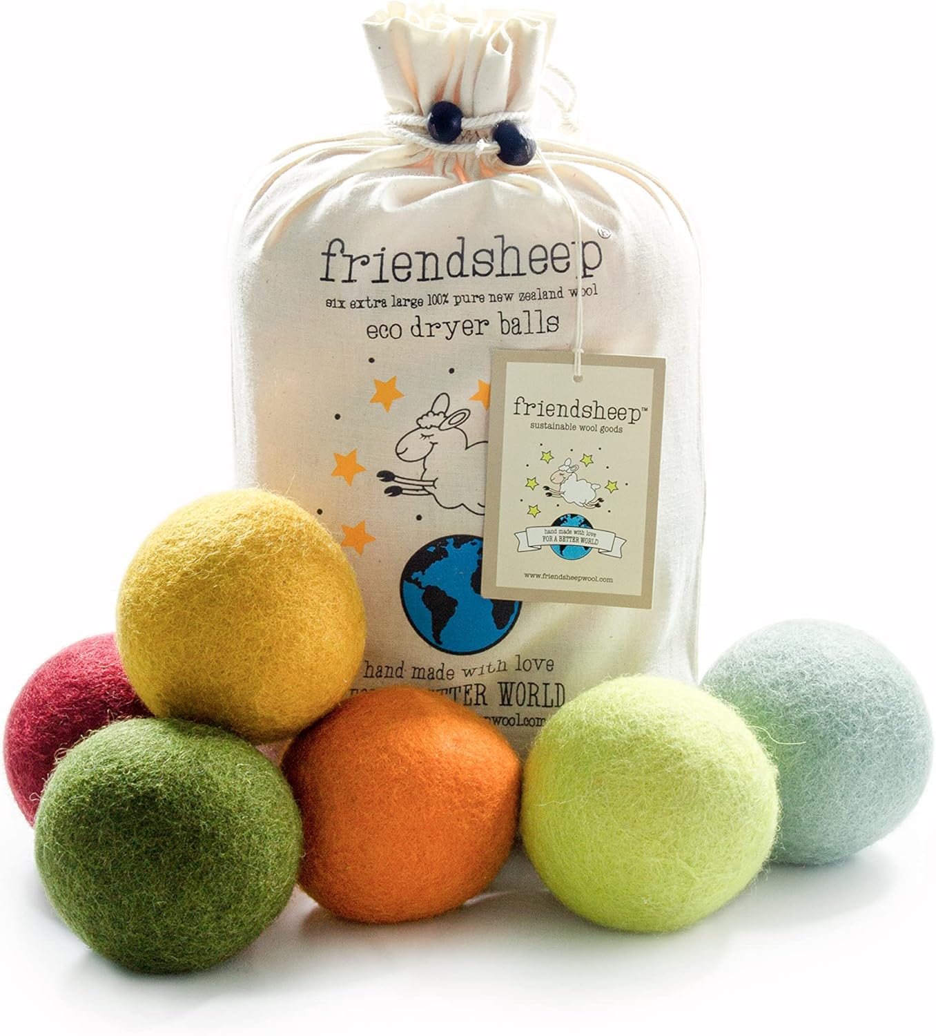Friendsheep Wool Dryer Balls 6 Pack XL Organic Premium Reusable Cruelty Free Handmade Fair Trade No Lint Fabric Softener - Harvest Moon