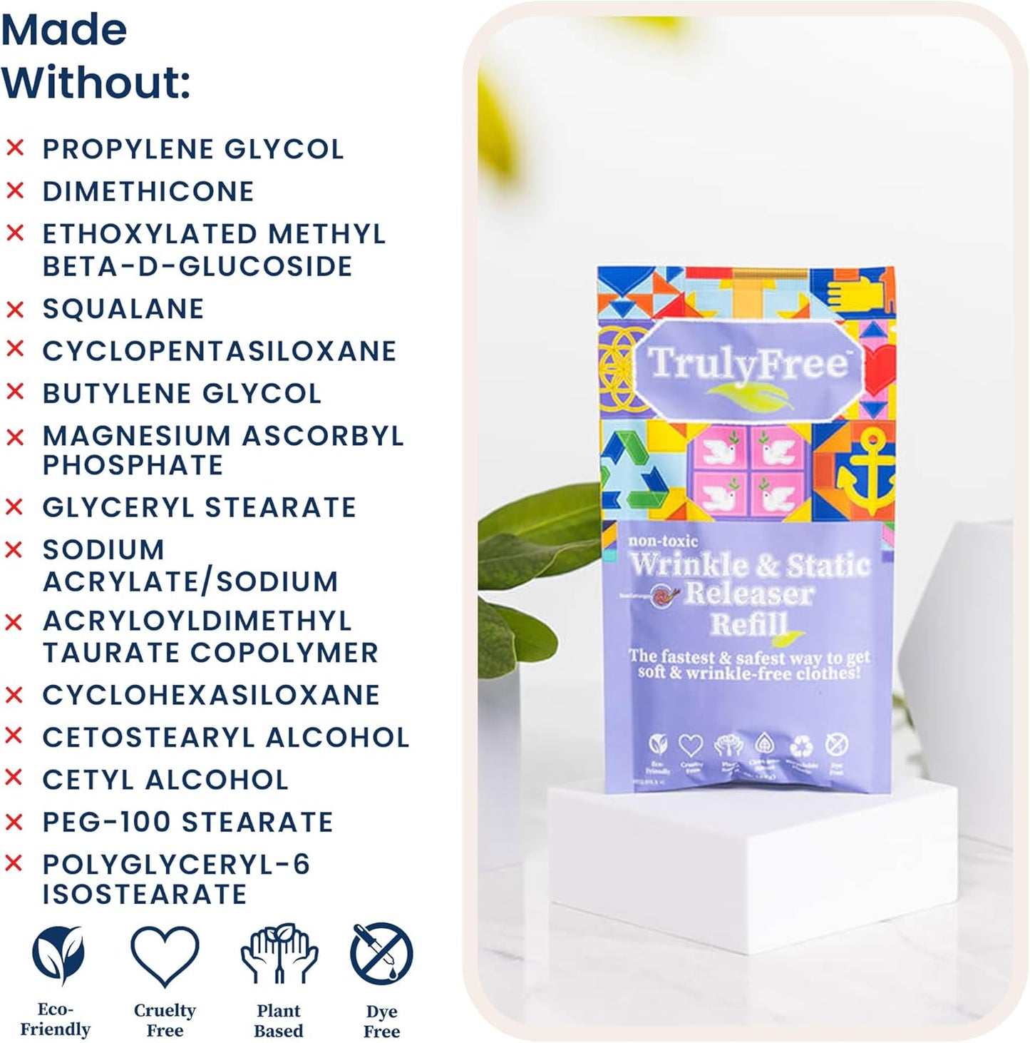 Truly Free Wrinkle & Static Releaser - Wrinkle Release for Clothes, Linen, & Sheet Fabrics - Static Guard Spray - Plant-Based - 1 Pouch 3oz Refill with 12oz Reusable Empty Spray Bottle