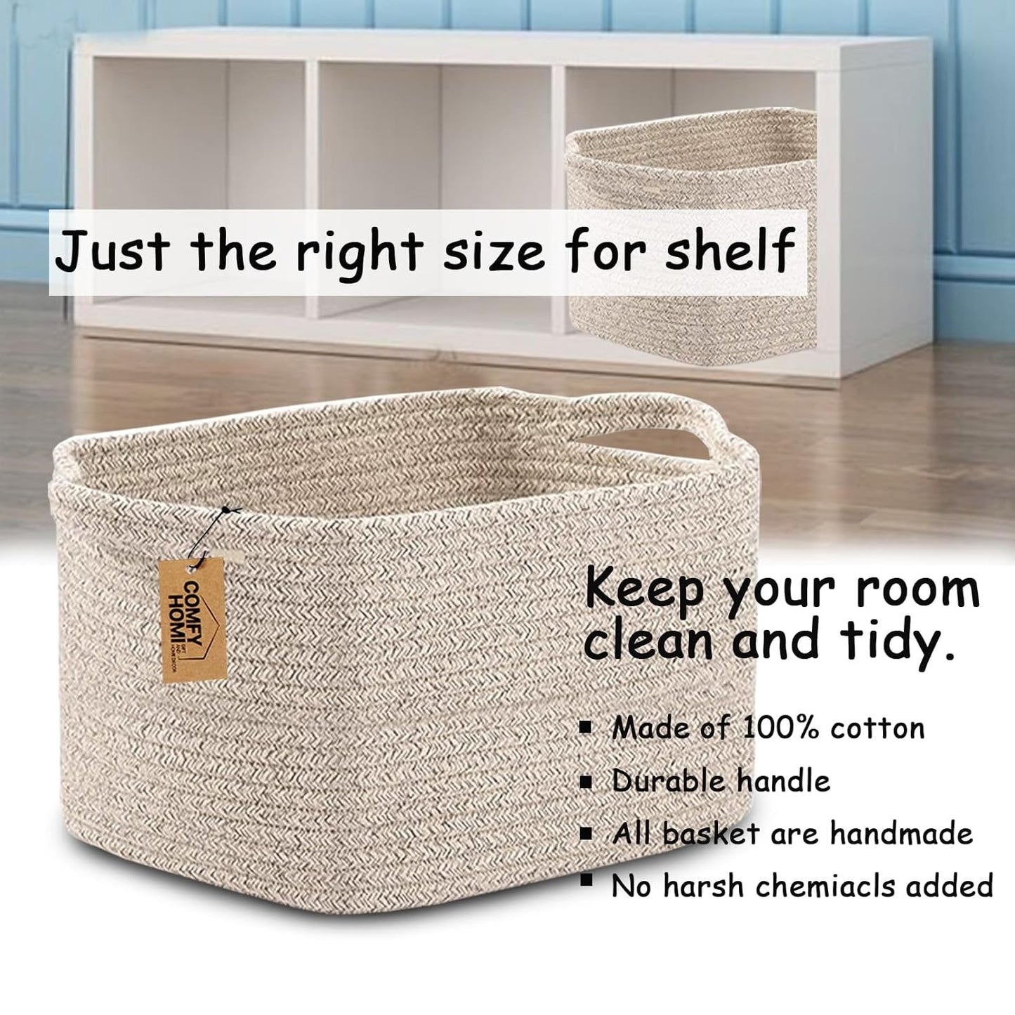 COMFY-HOMI 3PACK Cotton Rope Woven Basket With Handles for Shelves, Toy, Book, Cloth Storage Basket for Organizing|13.5" x 11" x 9.5" Decorative Nursery Cube Bin for Living Room（all brown）