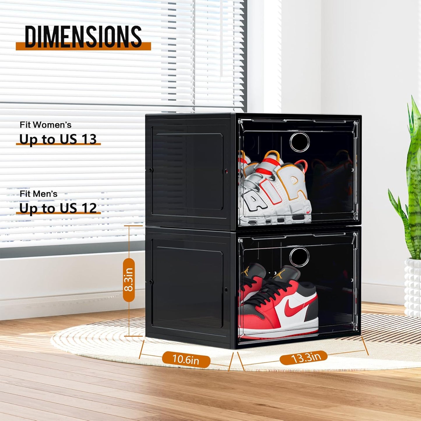 KEFA XL Shoe Storage Box Organizer, 8 Pack Shoe Boxes Clear Plastic Stackable, Sneaker Display Case Container Fit for US 13 (Side 8 PACK BLACK)