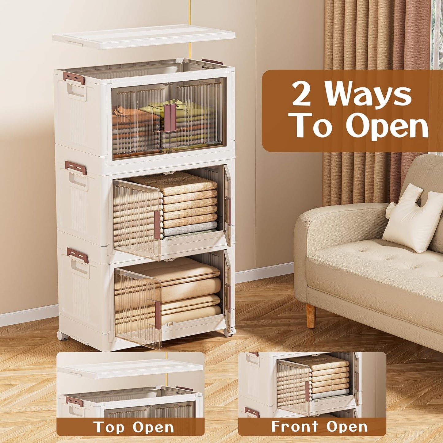 60GAL/240QT 4 Tier Large Stackable Storage Bins with Lids and Wheels, Collapsible Storage Bins Plastic with Doors, Suitable for Clothes, Closet, Home and Office