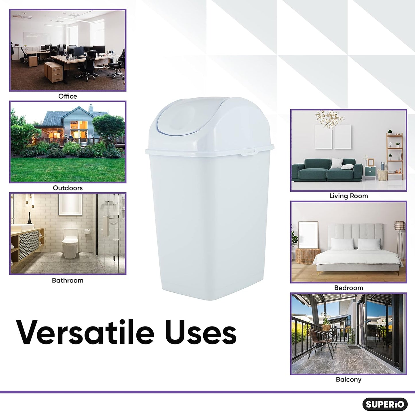 Superio Medium Trash Can with Lid 4.5 Gallon Plastic Swing Top Garbage Can Slim Waste Bin for Under Sink/Cabinet, Laundry Room, Kitchen, Office, Bedroom, Bathroom, College Dorm, 18 Qt, White, 2