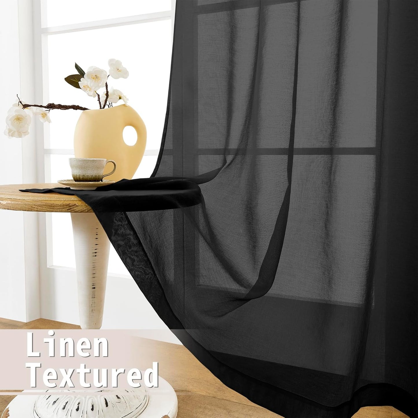 Tollpiz Sheer Door Curtain Closet Linen Textured Curtains Sheer Doorway Light Filtering Voile Patio Glass Door Rod Pocket Curtain French Door, 54 x 72 inches Long, Black, Set of 1 Panel
