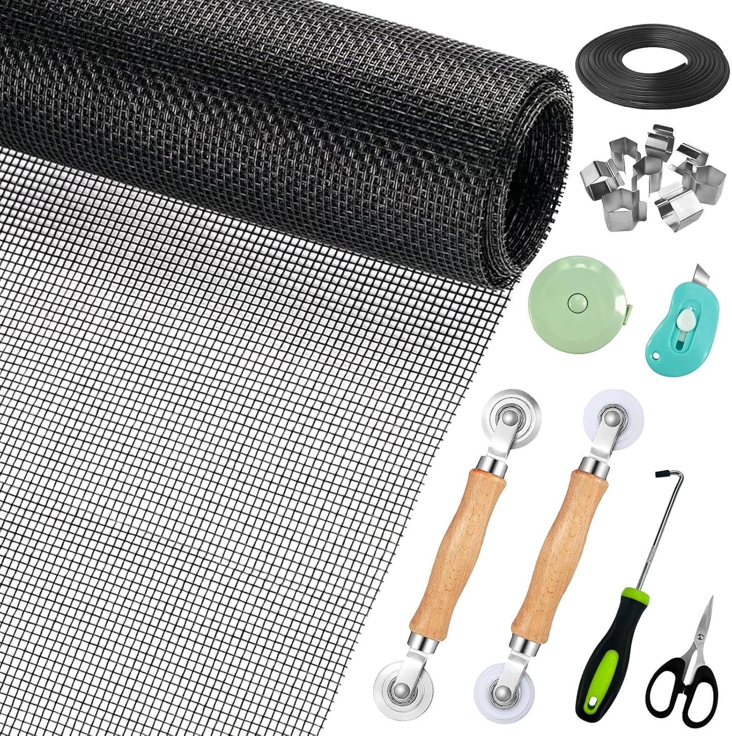 Window Screen Replacement,Screen Door Repair Kit, 48"x178" Black Window Screen Mesh,Including 50 FT Splines+Hooks+2 Rollers+8 Clips+Scissors+Knife+Tape Measure,Fully Equipped Window Screen Repair Kit
