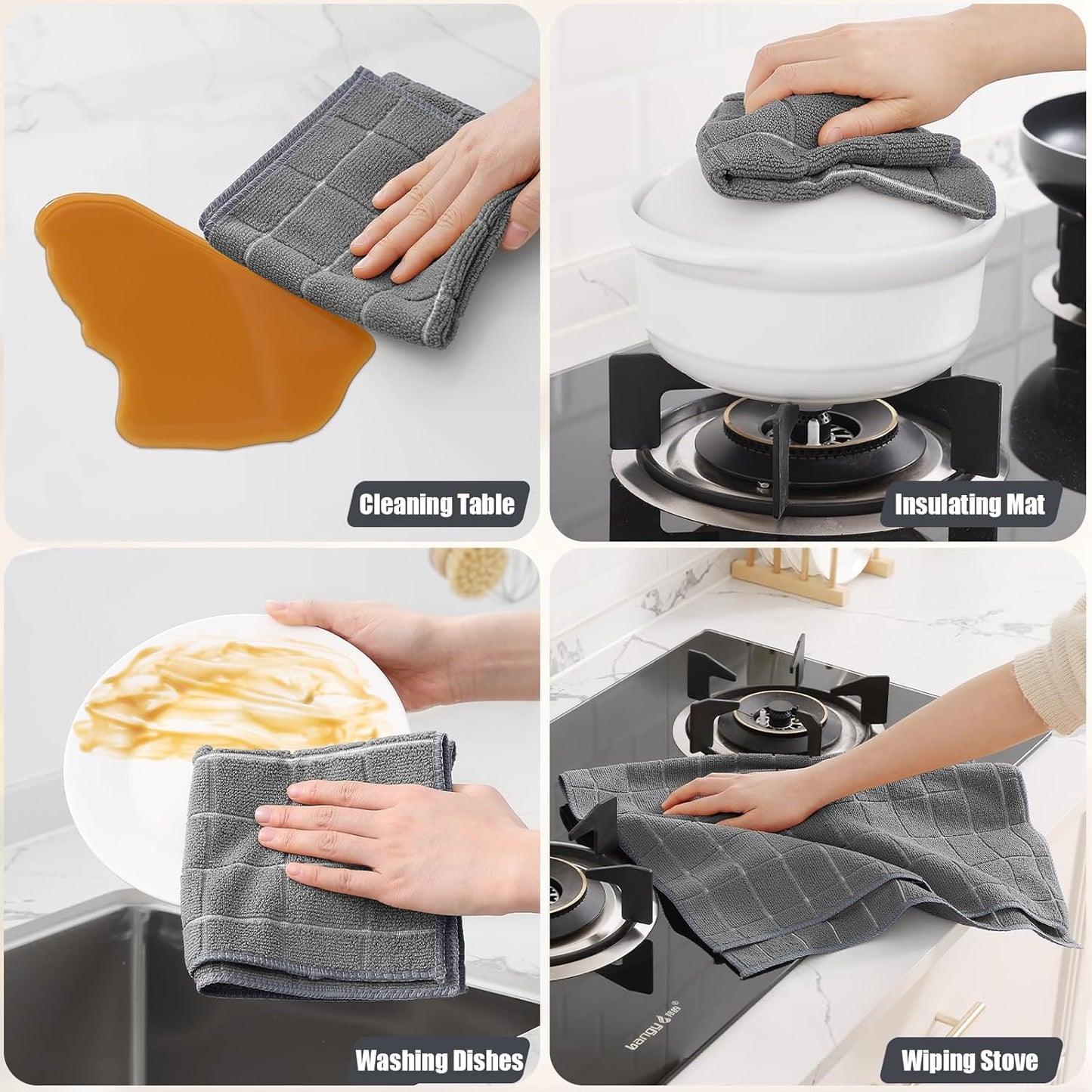 Homaxy Microfiber Kitchen Towels and Dishcloths Set, 12 Pack Soft and Absorbent Dish Hand Towels Bulk, 28 x 16 Inch & 12 x 12 Inch Quick Drying Rags for Washing Dishes, Grey