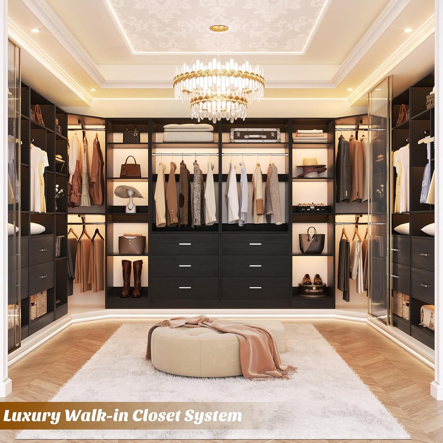 Corner Closet System with 5 Drawers, Closet Organizer System with 15+Shelvess & 4 Hanging Rods, 63.2"L * 63.2"W / 87.2"L * 39.2"W Reversible L Shaped Walk-in Closets, Load 2500+LBS, Black