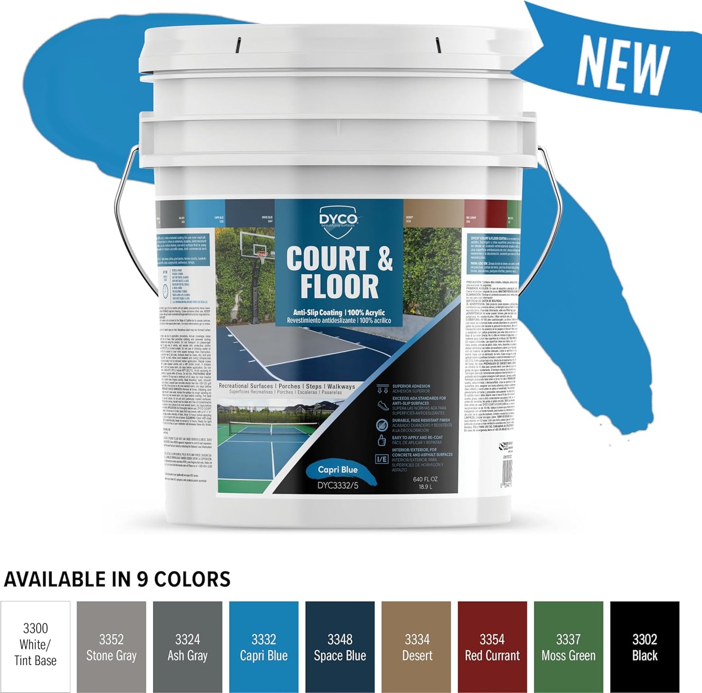 DYCO Court & Floor Anti-Slip Coating - Slip-Resistant Pavement, Cement & Concrete Paint for Pickleball, Tennis & Basketball Courts, Exceeds ADA Standards for Safety Areas (Capri Blue, 5 Gallons)