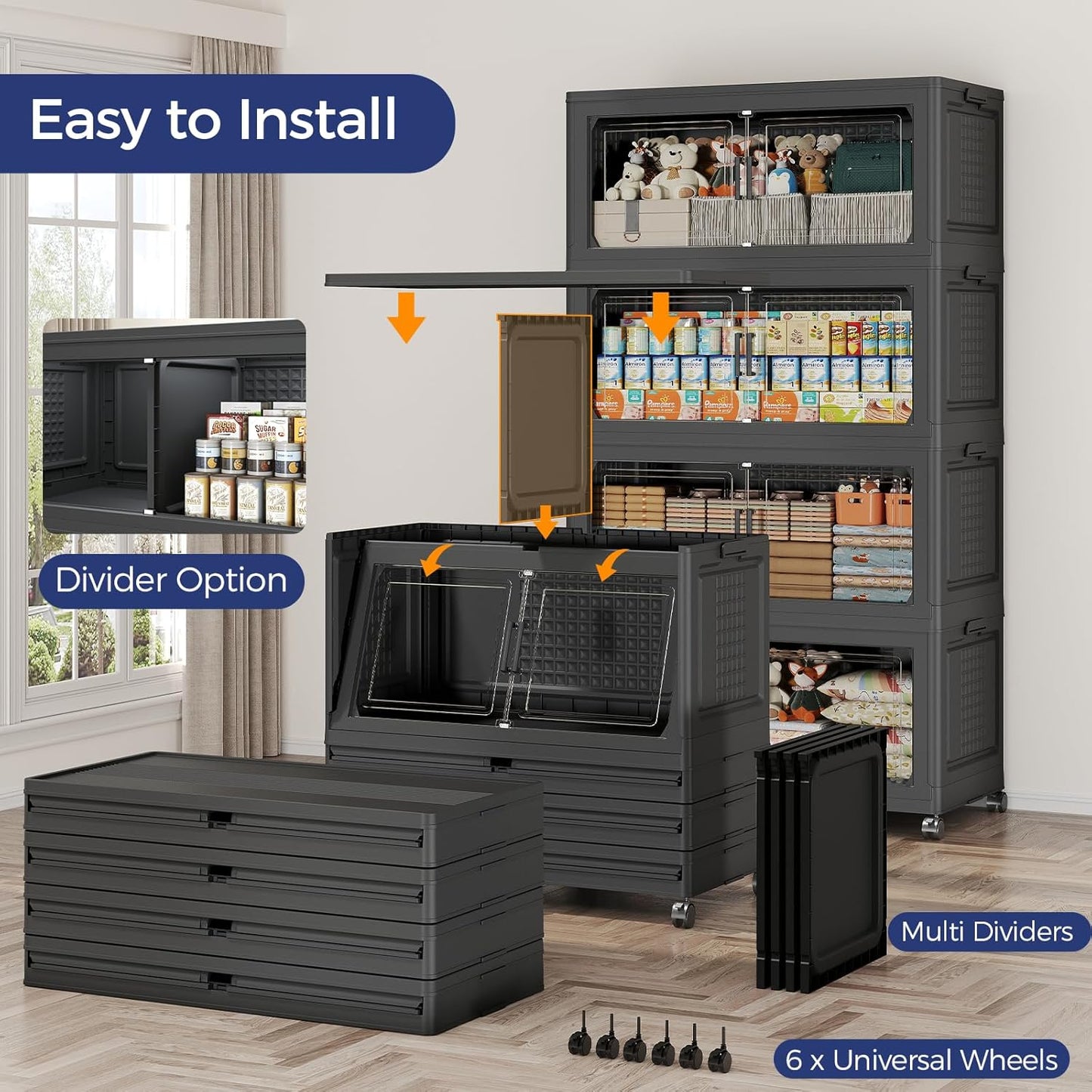 150GAL Extra Large Storage Bins with Lid, 600Qt Stackable Closet Organizers and Drawers, Collapsible Storage Bins with Wheels, Folding Storages Cabinet for Home Bedroom Office, 3Pack Black