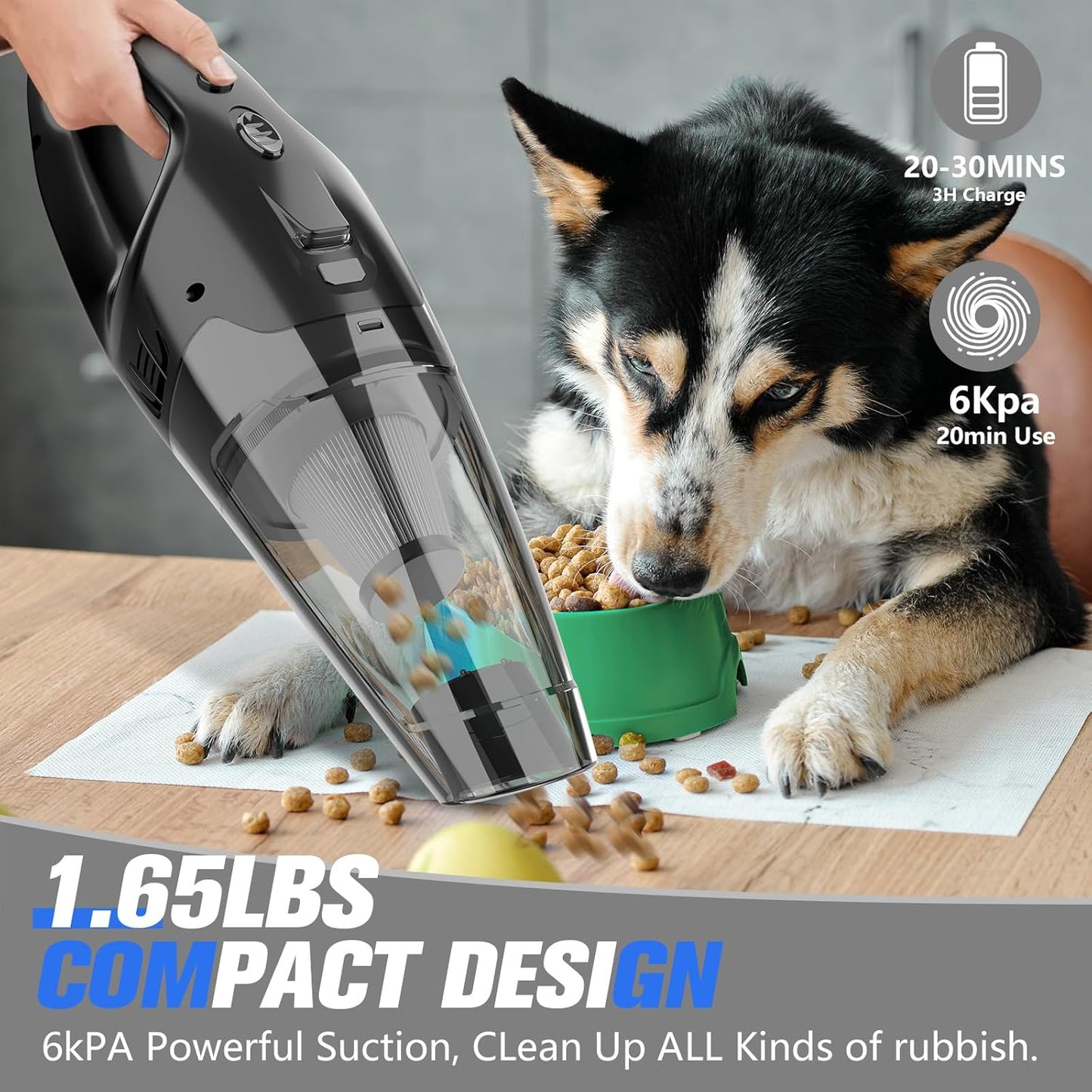 Handheld Vacuum Cordless Rechargeable 3-in-1, Car Vacuum Portable Cordless with USB Charge, Hand Vacuum with LED Light, HEPA Filter, 1.65LBs Lightweight Vacuum Cleaner for Dust, Pet Hair