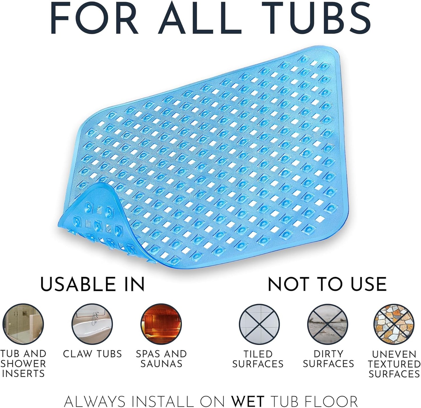 Homerella Anti Slip Shower Mat | Anti Mold Non Slip Bathtub Mat for Inside Shower | Square Floor Shower Mat 21 x 21 inch with Suction Cups for Grip & Hooks Hanging and Quick Drying | Machine Washable