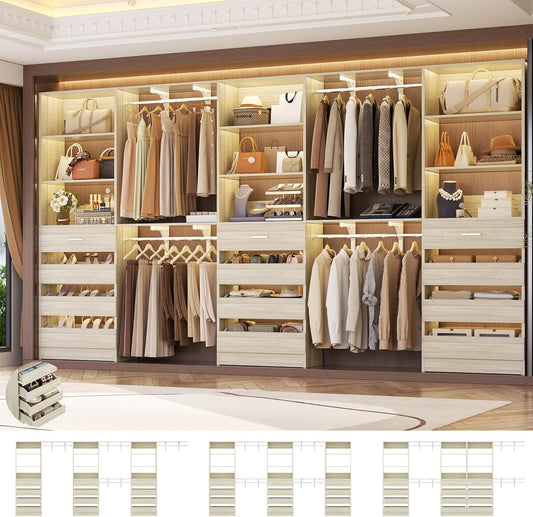 Aheaplus Closet System Set of 3, 138.5" Wood Closet Organizer System Tower with 12 Drawers & 4 Hanging Rods, 6.7+4.85Ft L Shaped Walk-in Closets Wardrobe Organizer Garment Rack with Shelves, White Oak