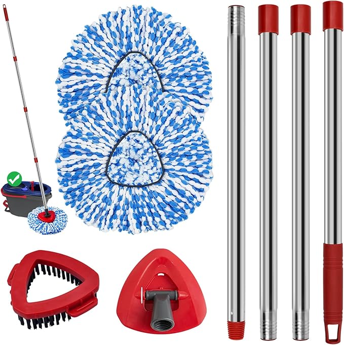 Spin Mop Handle Mop Heads and Base Replacement Sets Compatible with O Cedar EasyWring Rinseclean 2 Tank System, Flexible & Reusable(1 Sets Stainless Steel Handle & 2 Refills & 1 Base & 1 Scrub Brush)