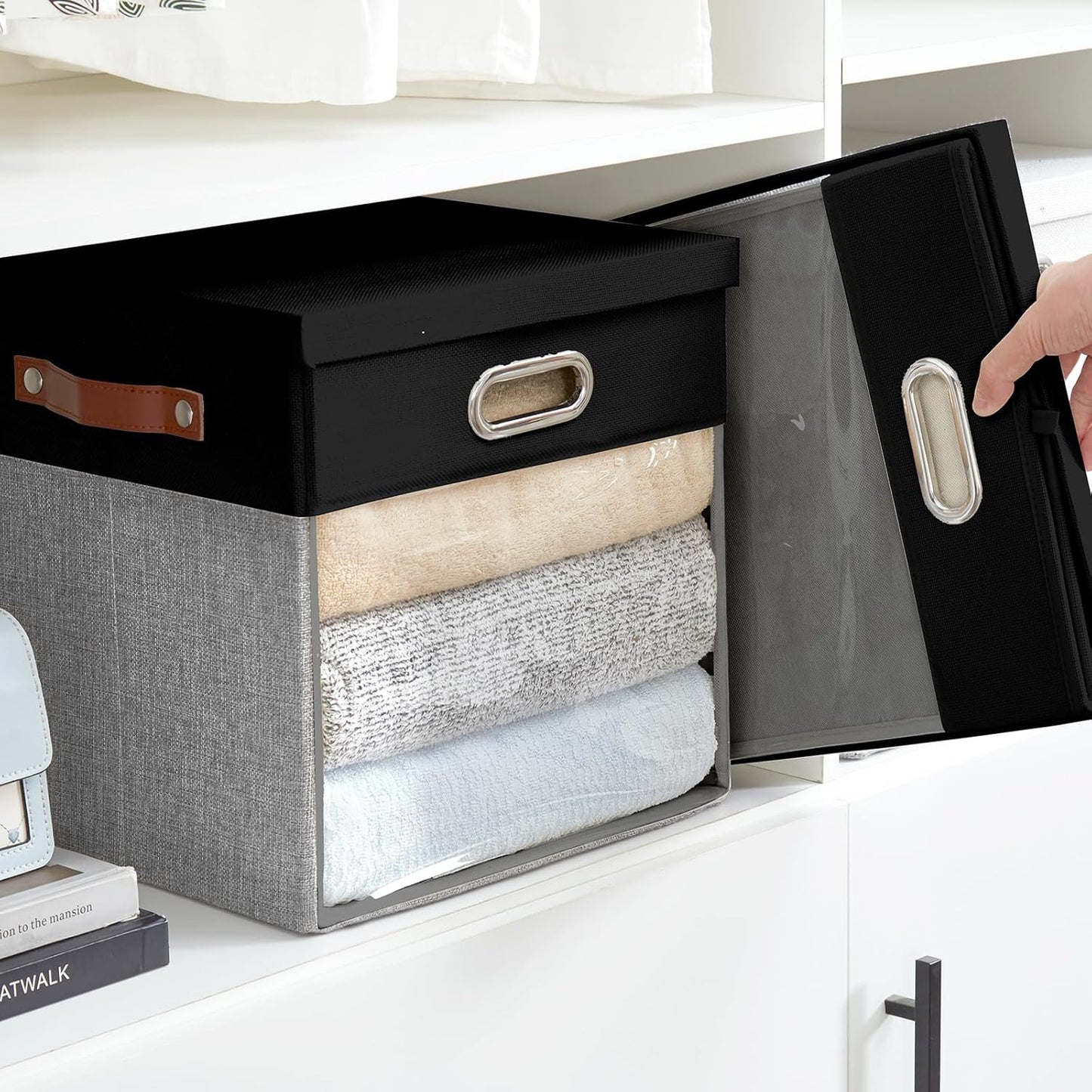 Fabric Storage Cubes with Clear Windows and Lids, 13'' Foldable Storage Bins with 3 Handles, Decorative Storage Boxes for Home, Bedroom, Closet, Office (Black&Gray)