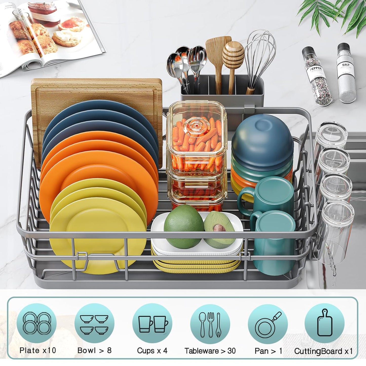 Dish Drying Rack for Kitchen Counter, Large Dish Racks with Drainboard, Kitchen Sink Dish Strainer Rack, Countertop Dish Drainer Rack with Cup & Utensil Holders, Dish Dryer Rack Large Size Gray