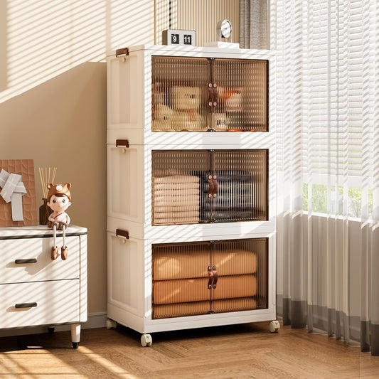 Jalove 50QT Plastic Storage Bins with lids, Stackable Collapsible Storage Containers with Wheels, Closet Organizer and Storage Drawers, Clothes Storage Cabinet for Home Office Garage, 3Pack White