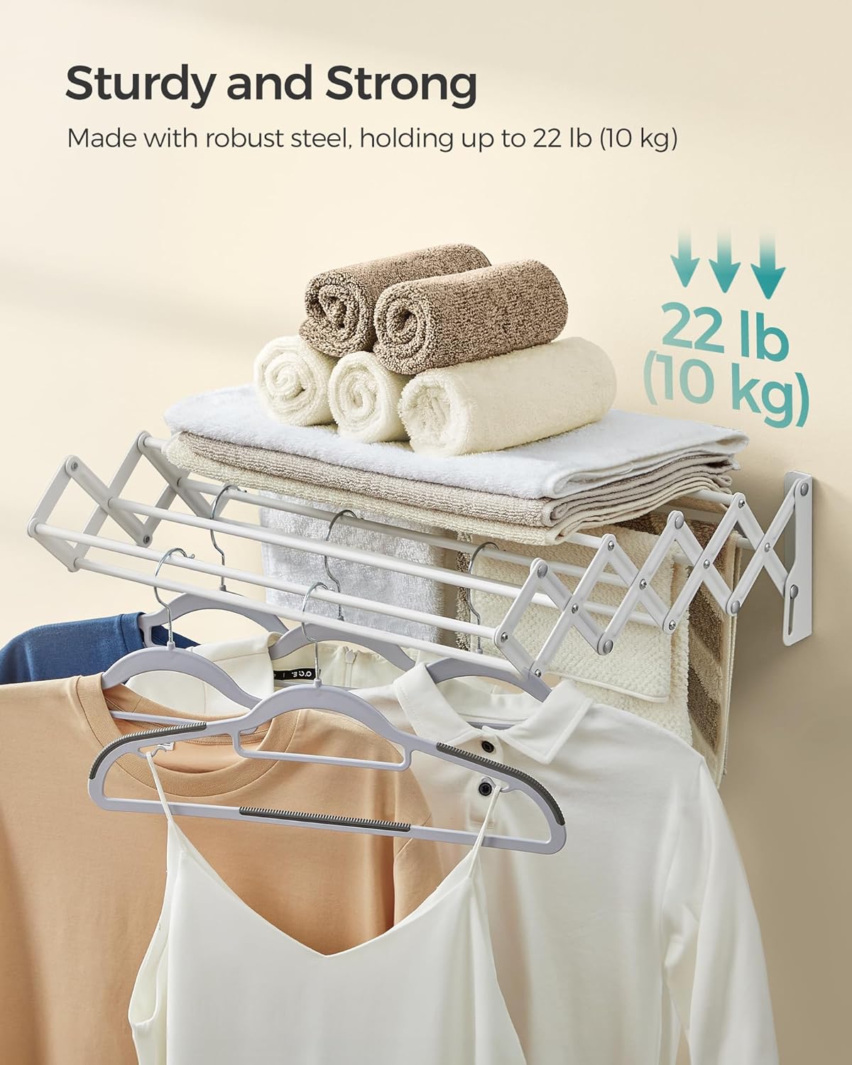 SONGMICS Clothes Drying Rack, Wall-Mounted Drying Rack Clothing, Small Accordion Laundry Rack, 9 Staggered Hanging Rods, Expandable and Retractable, Cloud White ULLR802W01