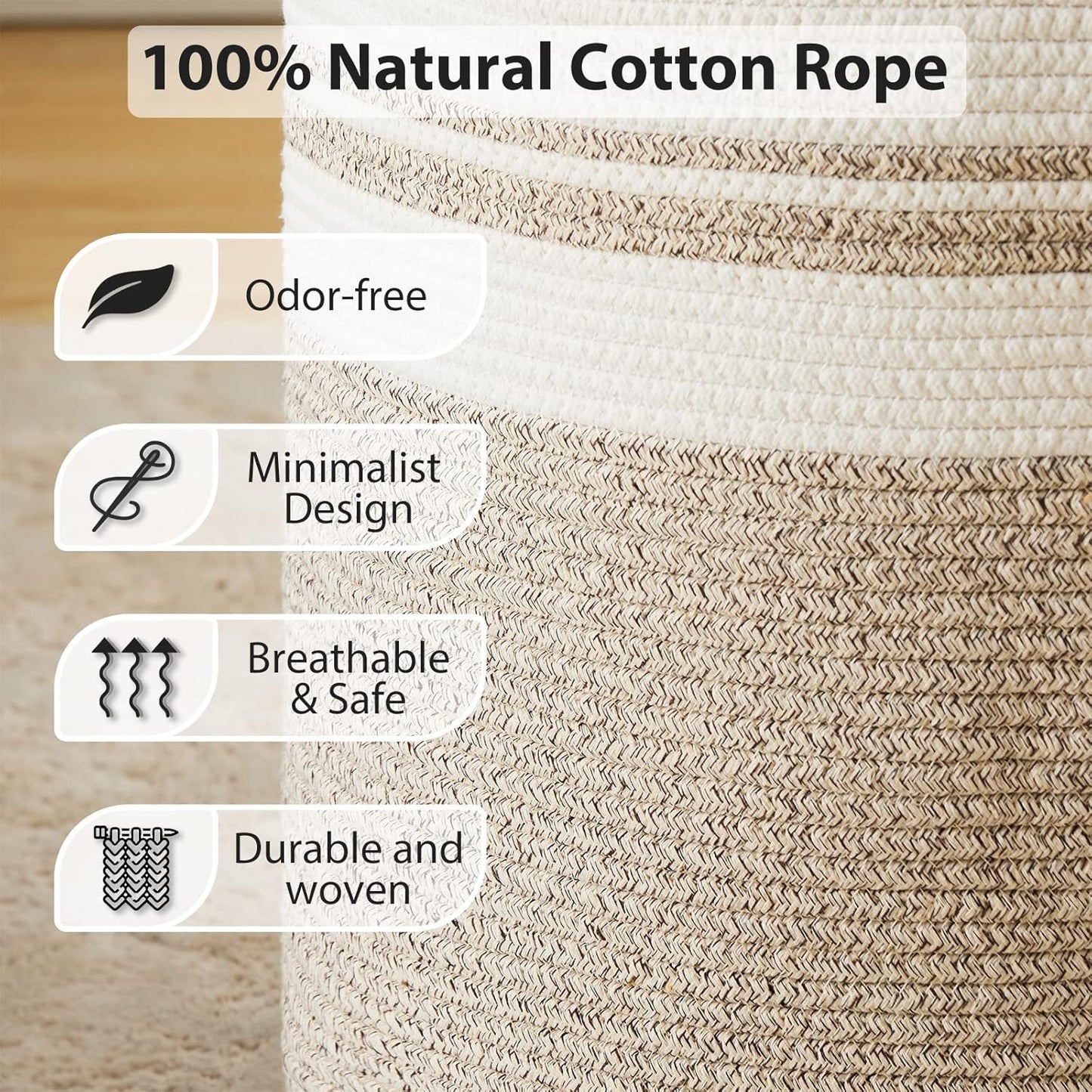 Fiona's magic 100L Extra Large Laundry Hamper Basket, 26.4Gal Tall Woven Laundry Basket Storage, Baby Nursery Hamper for Blankets, Clothes Hamper for Bedroom and Living Room Organizing, Brown & White