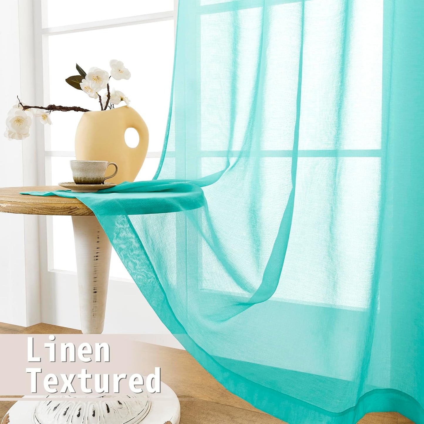 Tollpiz Small Sheer Door Curtain Closet Linen Textured Curtain Sheers Doorway Light Filtering Voile French Door Rod Pocket Curtains Patio Door, 25 x 40 inches Long, Aqua Blue, Set of 1 Panel