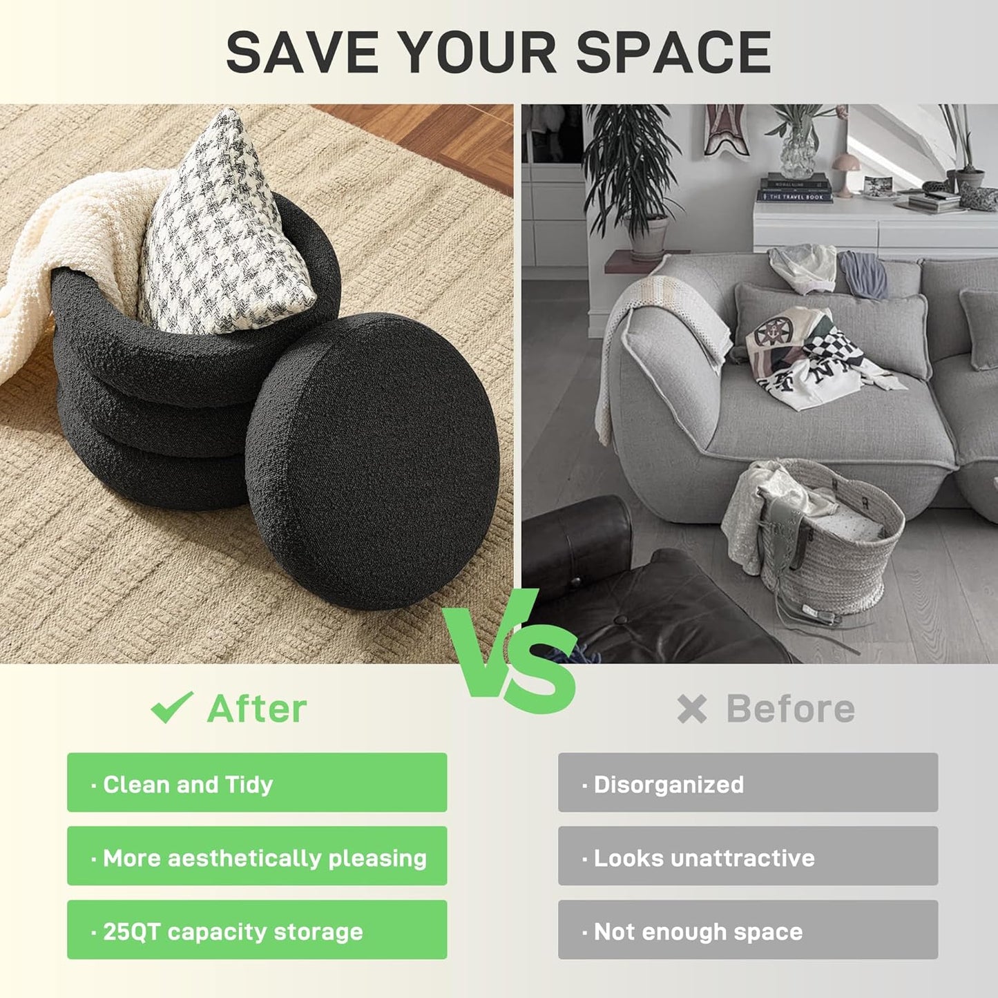 Round Ottoman with Storage Boucle Ottoman Stool with Storage Removable Lid for Living Room Modern Vanity Sorage Stool Foot Rest Bedroom Dorm Gifts Set of 2 (Black)