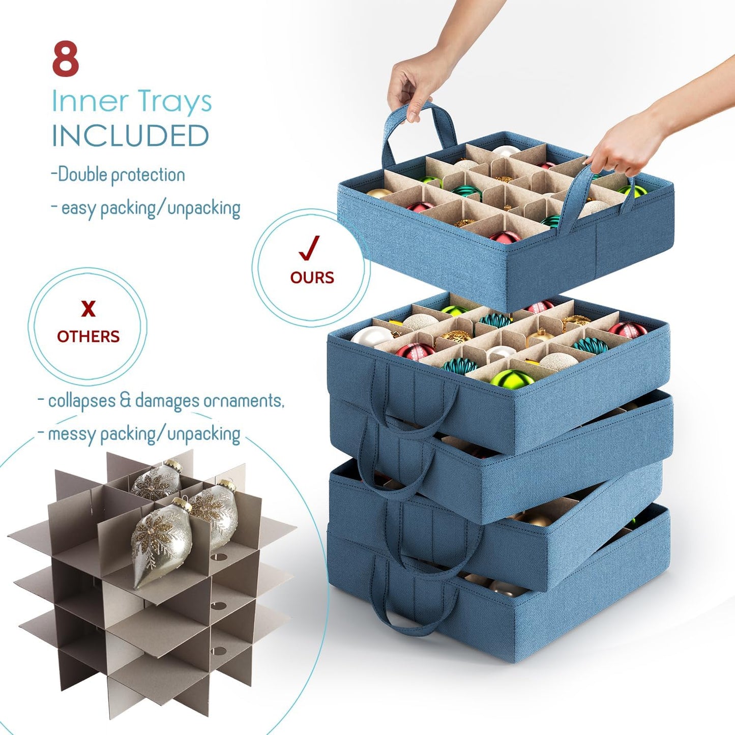 Hearth & Harbor Large Christmas Ornament Storage Box With Adjustable Dividers - Ornament Storage Container For 128 Holiday Ornaments or Decorations