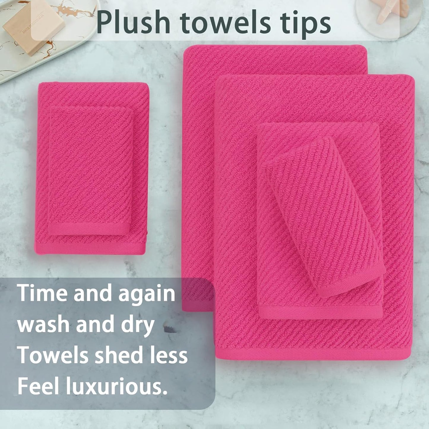 Hot Pink Towels - 100% Cotton, Soft, Quick Dry, Lightweight, Towel Set of 6, 2 Large Bath 30"x56", 2 Thick Hand 18"x28", 2 Absorb Washcloths 13"x13", Pink Bath Towel with Hanging Loop, Luxury Gift Set