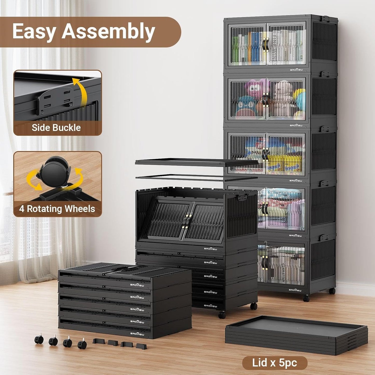 BROVIEW 480Qt Stackable Storage Bins with 4 Lids, Extra Large Closet Organizer Collapsible Drawer Boxes with Wheels, Folding Plastic Cabinet Containers for Home Kitchen Room Organization, 4Pack Black