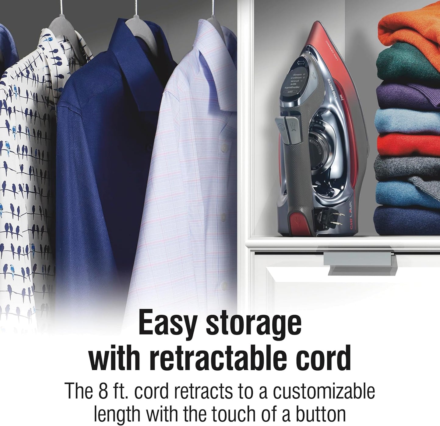 CHI Steam Iron for Clothes with 8’ Retractable Cord, 1700 Watts, 3-Way Auto Shutoff, 400+ Holes, Professional Grade, Temperature Control Dial, Lava Infused Ceramic Soleplate, Black (13113)