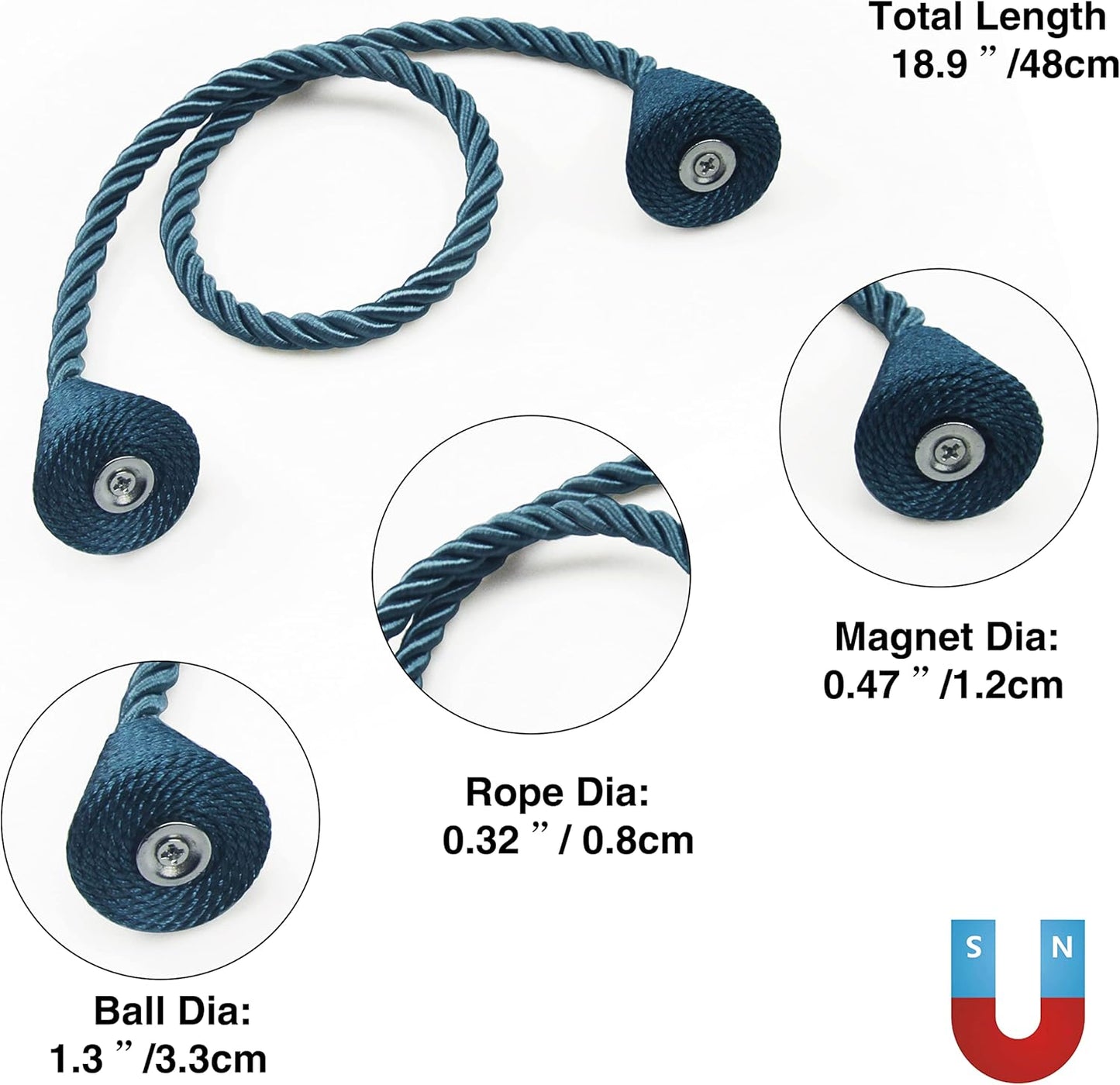 2 Pack Magnetic Curtain Tiebacks Rope Modern Handmade Curtain Tie Backs Decorative Drapes Weave Holdbacks for Window Décor, Blue