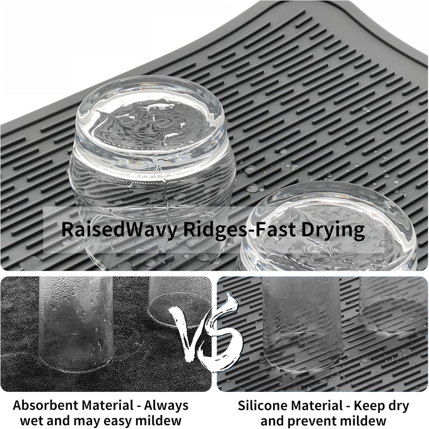 ZLR Silicone Dish Drying Mat for Kitchen Counter, Eco-Friendly Fast Dry Dish Mat, Easy Clean Multi Usage Drying Matt, Heat Resistant Trivet, 16" x 18" XL, Dark Gray