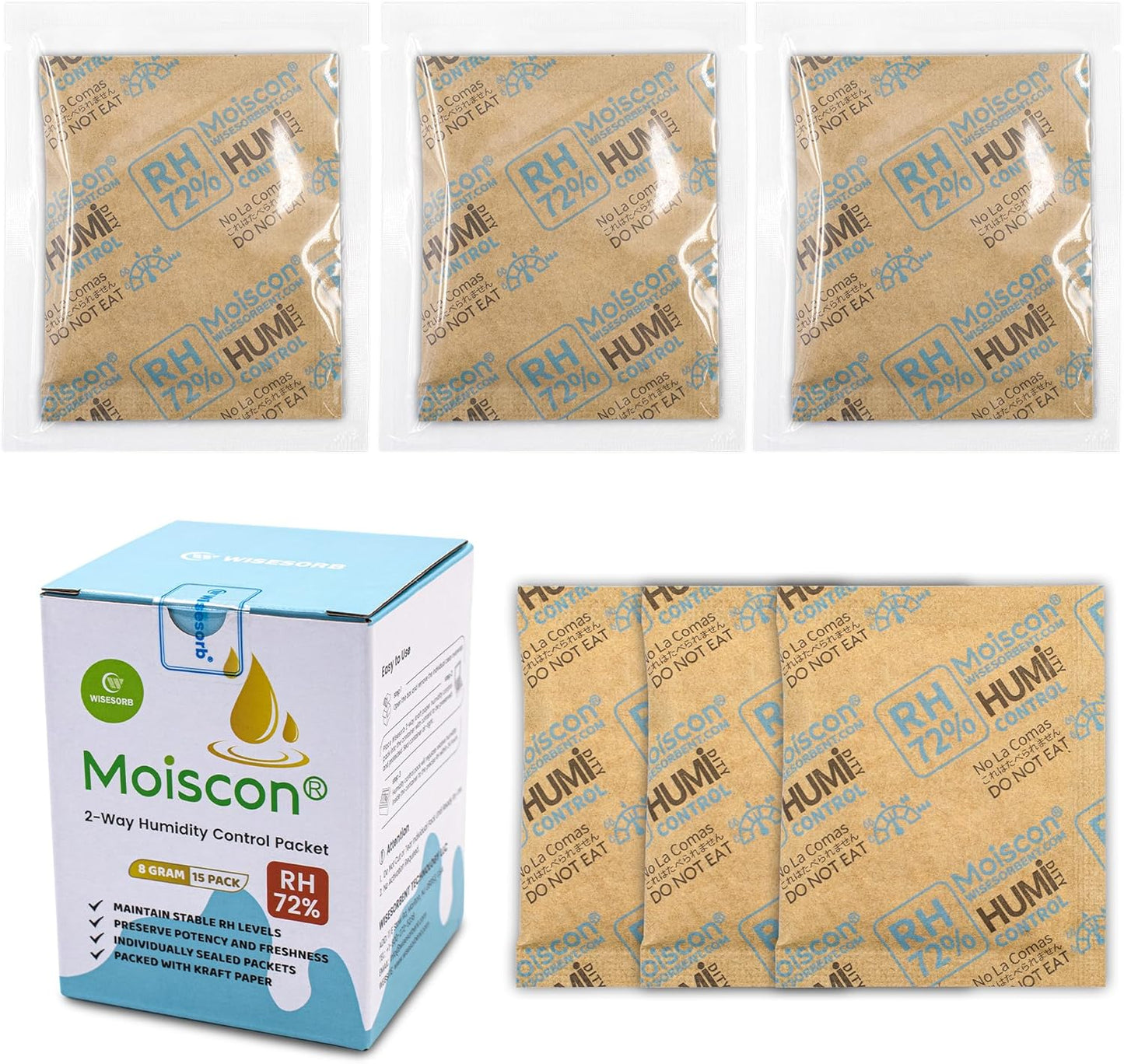 72% Two-Way Humidity Control Packs- 8 Gram Moisture Absorbers for Herbs, Wood Humidifier Boxes - Natural Craft Paper Design, Individually Sealed Packets, Prevents Leaks [60 Pack]