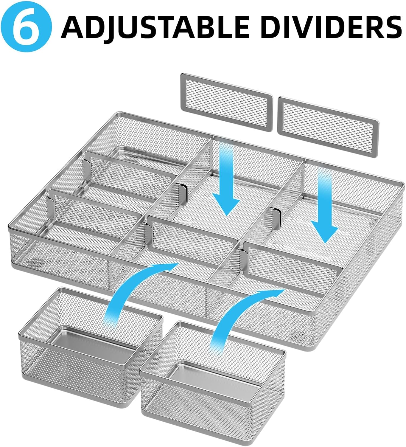 Marbrasse 3 Packs Desk Drawer Organizers, Metal Mesh Dividers with 9 Adjustable Compartments, Pen Organizer for Drawer Tray Box Accessories for Desktop,Kitchen, Makeup(Silver)