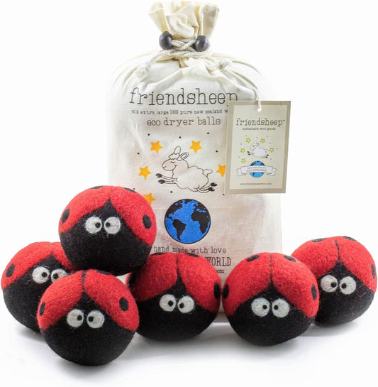 Friendsheep Wool Dryer Balls 6 Pack XL Organic Premium Reusable Cruelty Free Handmade Fair Trade No Lint Fabric Softener Ladybugs - Laundrybugs