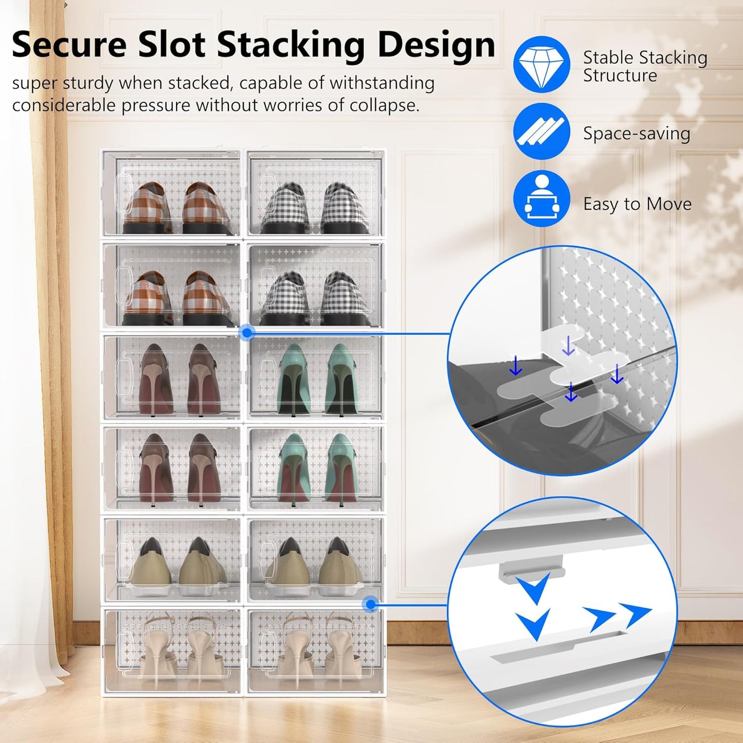 12 Pack X-Large Modular Clear Plastic Stackable Shoe Storage Organizer for Closet, Portable Space Saving Versatile Sneaker Shoe Rack Containers Bins Holders, White0303