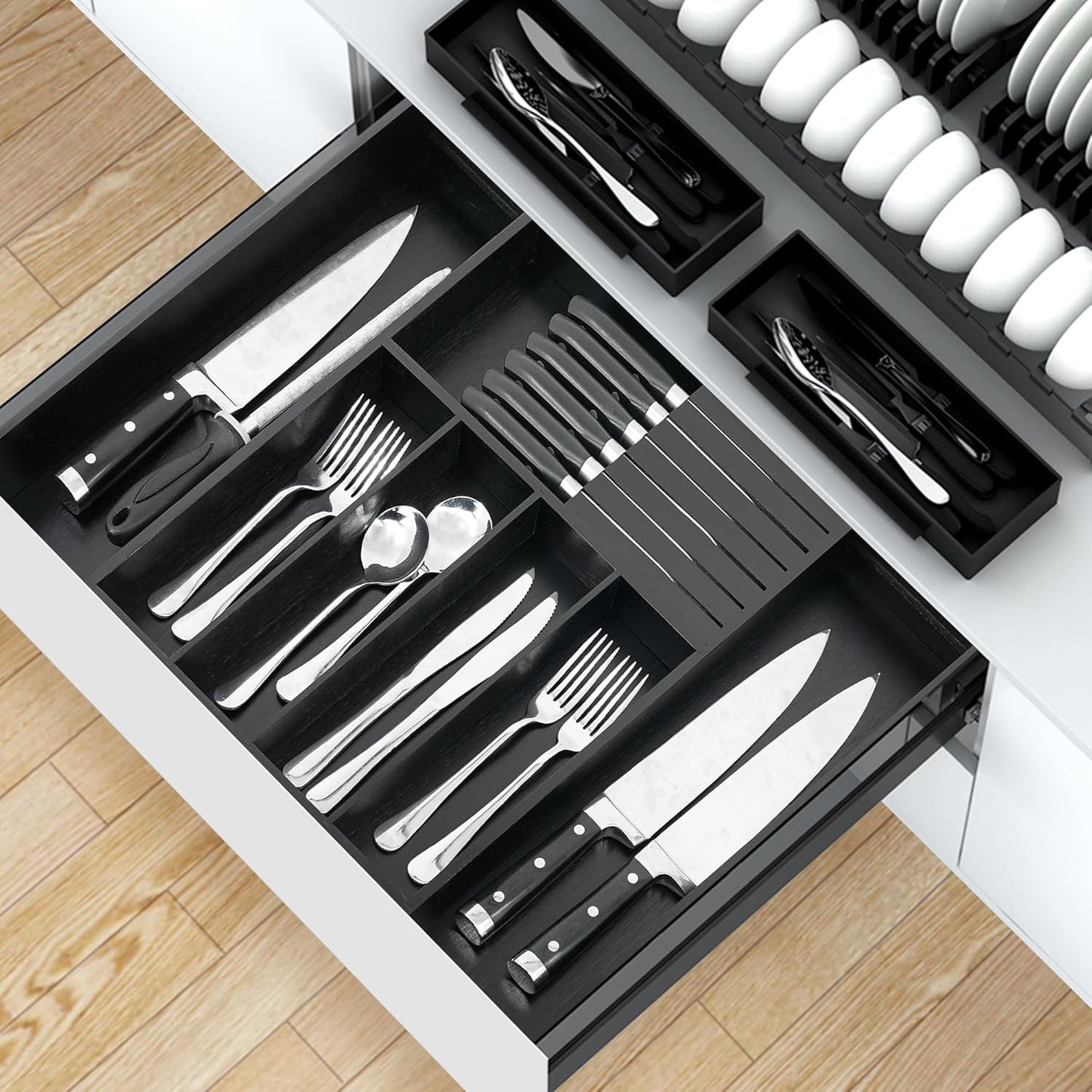 VaeFae Premium Bamboo Silverware Drawer Organizer Kitchen, Expandable Utensil Organizer with Knife Block, Cultery Tray with Divider for Flatware (Black)