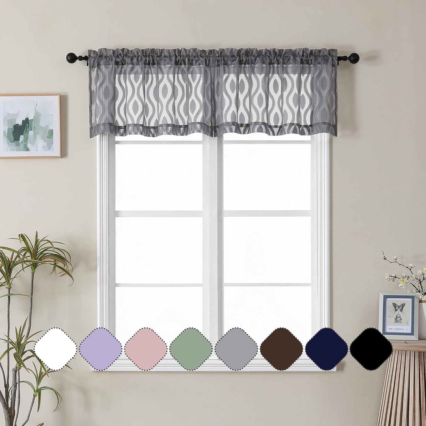 Aiyufeng Grey Valances for Windows, Clip Jacquard Chic Wavy Line Voile Sheer Curtains for Basement, Lightweight Airy Rod Pocket Short Curtains, 2 PCS, 40" Wx14" Inches
