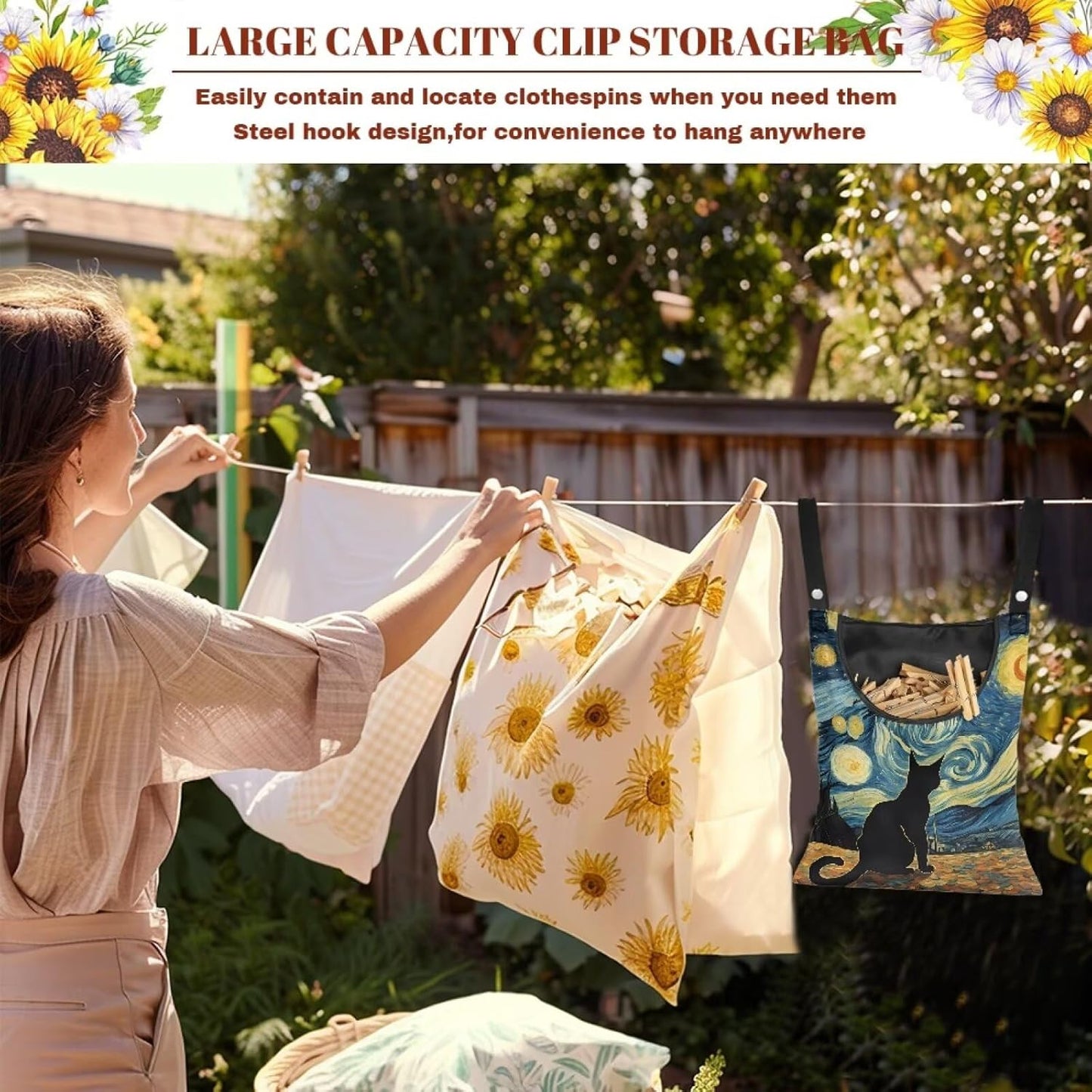 Button Fastening Clothespin Holder 14.5"x12" - Large Access Opening with Durable Binding - Professional Grade Hanging Organizer for Daily Laundry Needs Starry Night Kitten Print