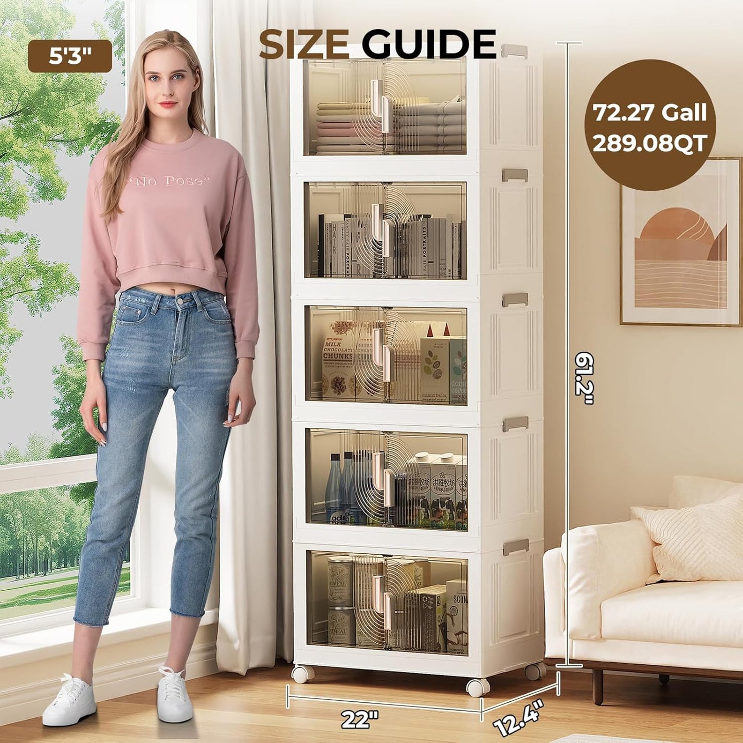 Elegant 5 Tiers Stackable Storage Bins for Home Organization, Moveable Plastic Storage Bins with Lids, Easy Assembled Storage Box for Closet Organizers and Storages Dorm 22" W x 12.4" D x 61.2" H