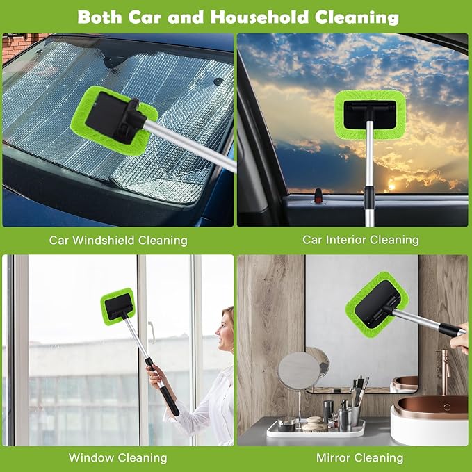 Frienda 3 Set Windshield Cleaner Tool Inside Car Window Cleaner Tool with 3 Extendable Handle 9 Reusable Microfiber Pads and 3 Spray Bottles for Auto Home Interior Exterior Glass Cleaning(Green)