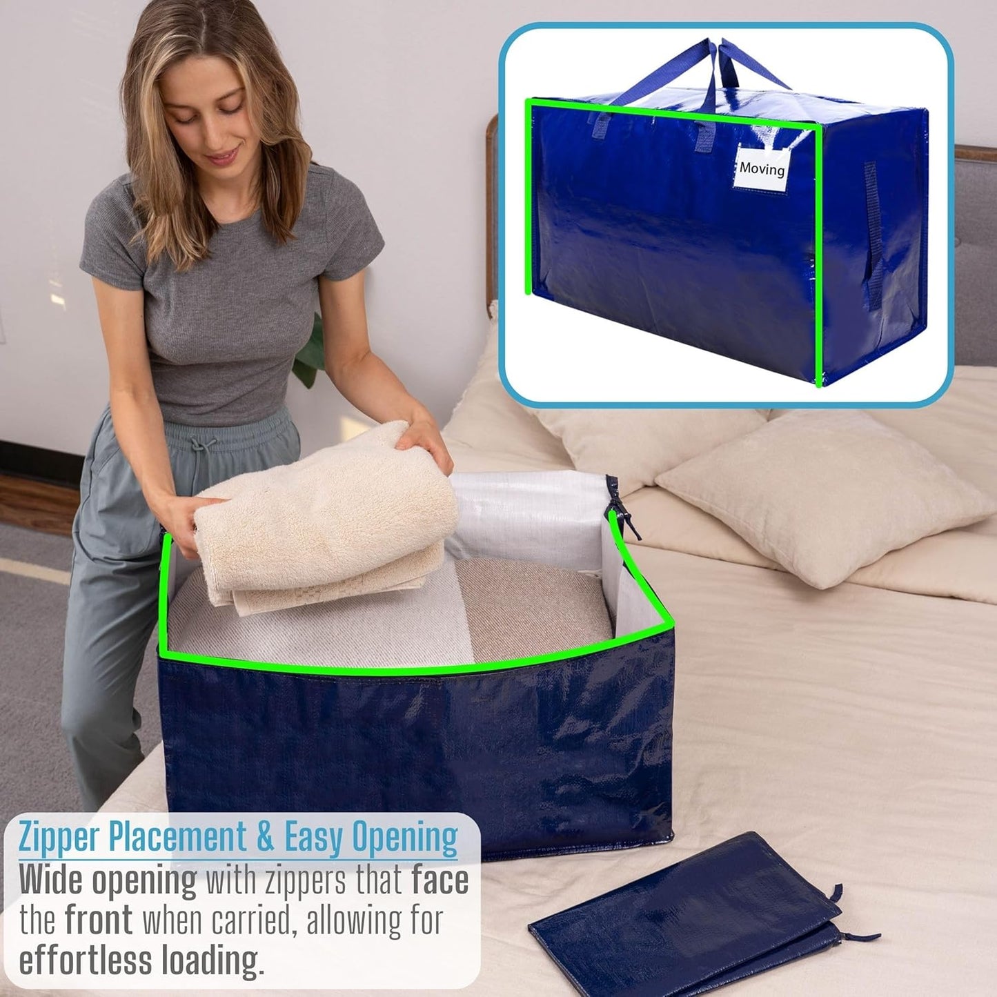 VENO 10 Pack Moving and Storage Bags, Heavy Duty, Alternative to Moving Boxes, Large Packing Totes Supplies for College Dorm Room with Zipper for Clothes, Wide Open Design (Blue, 10 Pack)