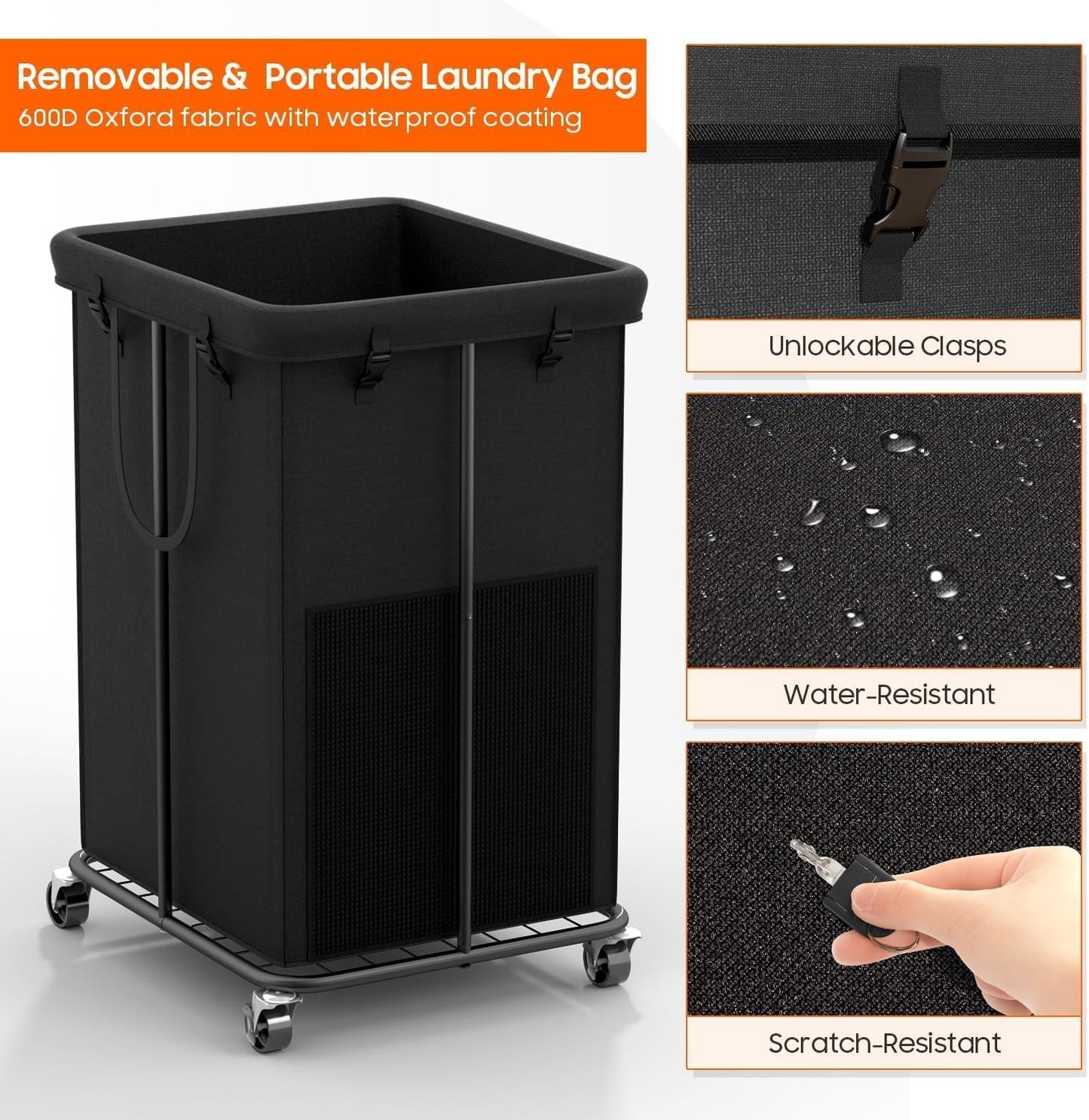 150L Laundry Hamper with Wheels, Rolling Laundry Basket with Metal Frame and Removable Bag, Large & Tall Dirty Clothes Hampers for Bedroom Aesthetic, Laundry Room, Bathroom, Dorm-Black